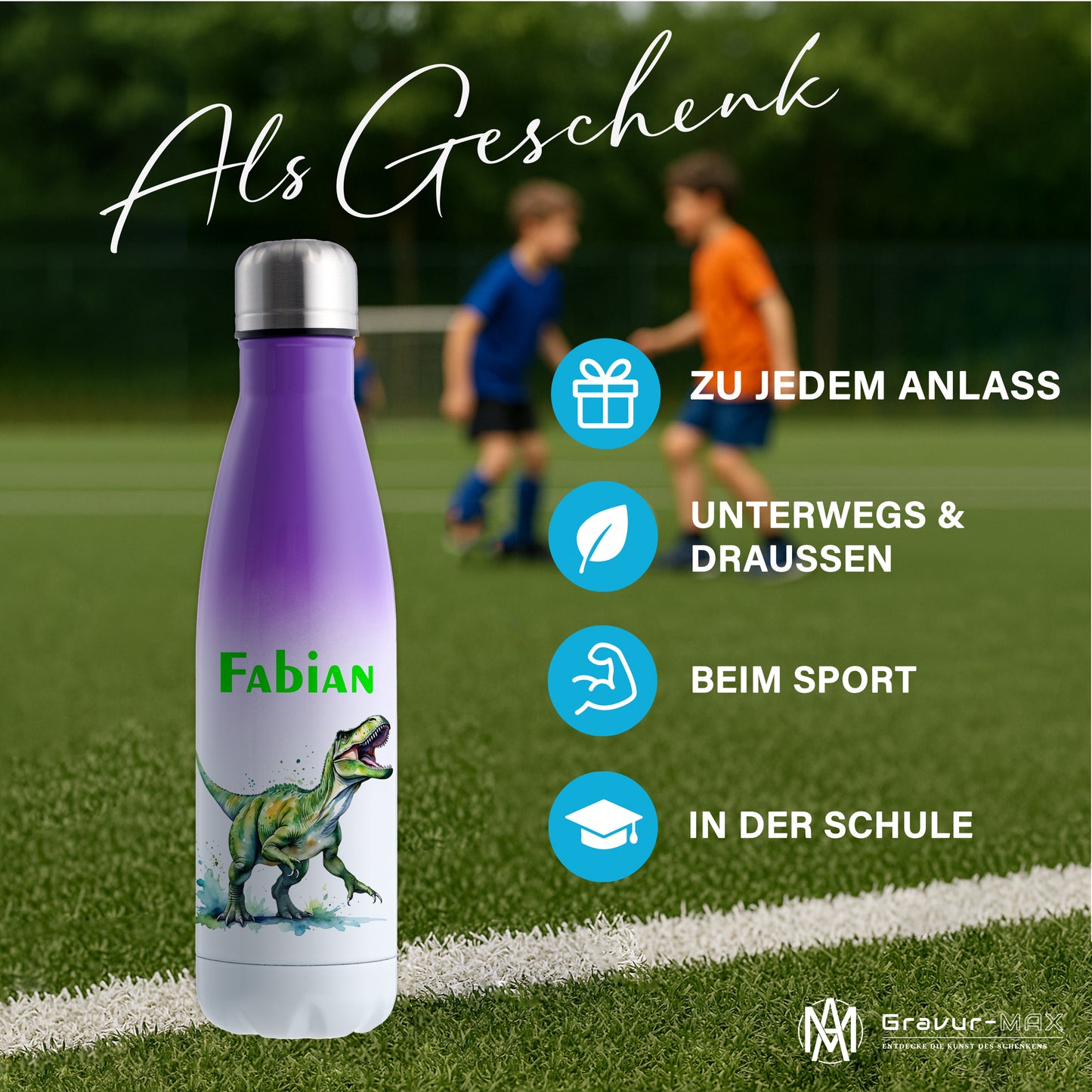 Thermoflasche 500ml in Weiß/Violett bedruckt mit tollen Motiven für Kinder "Dino T-Rex" personalisierbar mit Wunschname