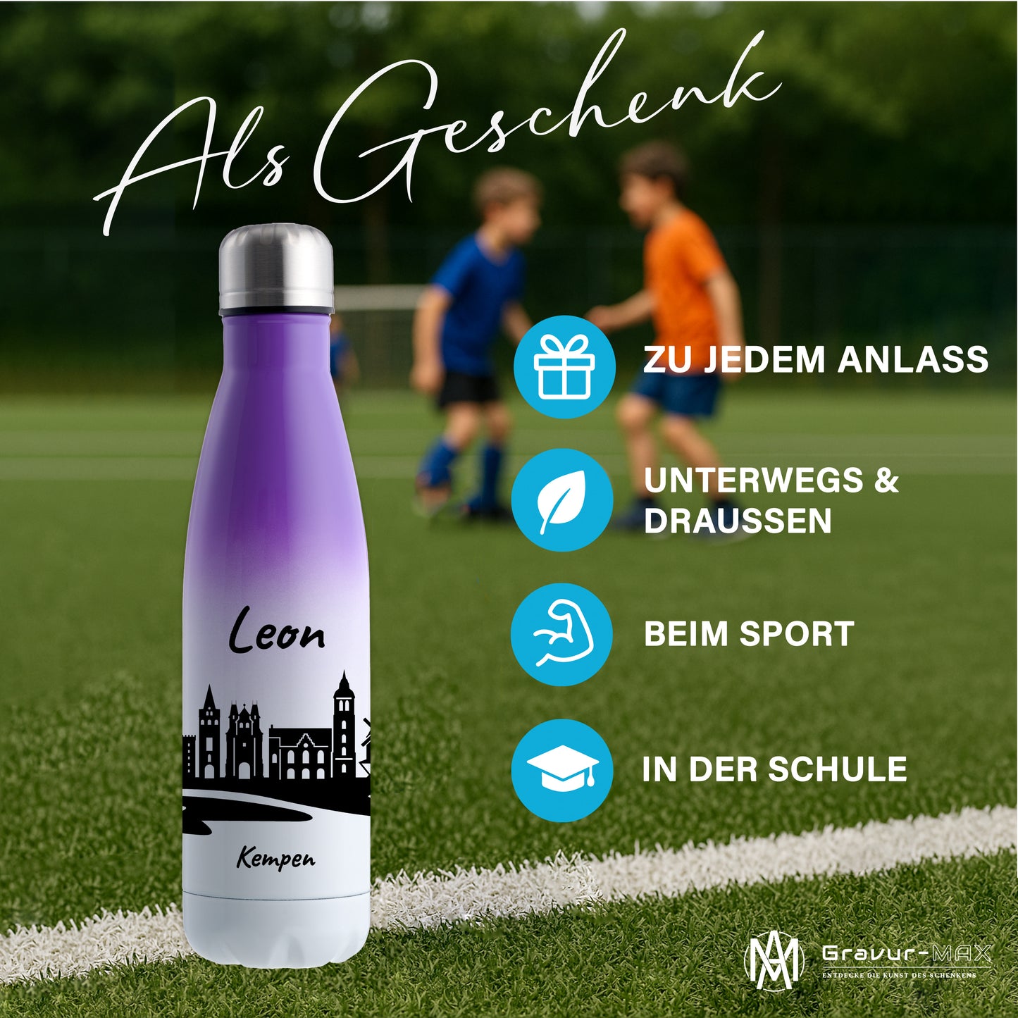 Trinkflasche in Weiß/Violett 500ml aus Edelstahl bedruckt mit der Skyline von Kempen personalisierbar mit Wunschname
