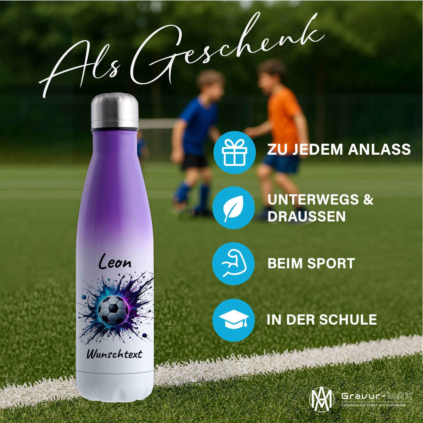 Thermoflasche 500ml in Weiß/Violett aus Edelstahl bedruckt "Fußball" Motiv10 personalisierbar mit Wunschname & Text