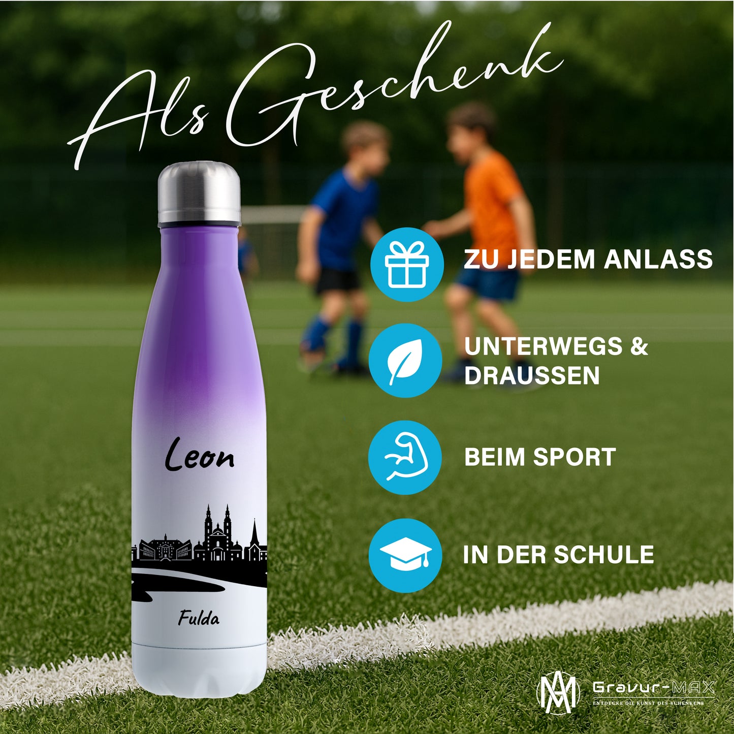 Trinkflasche in Weiß/Violett 500ml aus Edelstahl bedruckt mit der Skyline von Fulda personalisierbar mit Wunschname