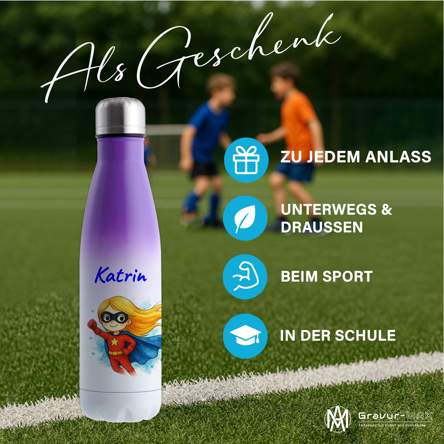 Thermoflasche 500ml in Weiß/Violett bedruckt mit tollen Motiven für Kinder "Superheldin" personalisierbar mit Wunschname