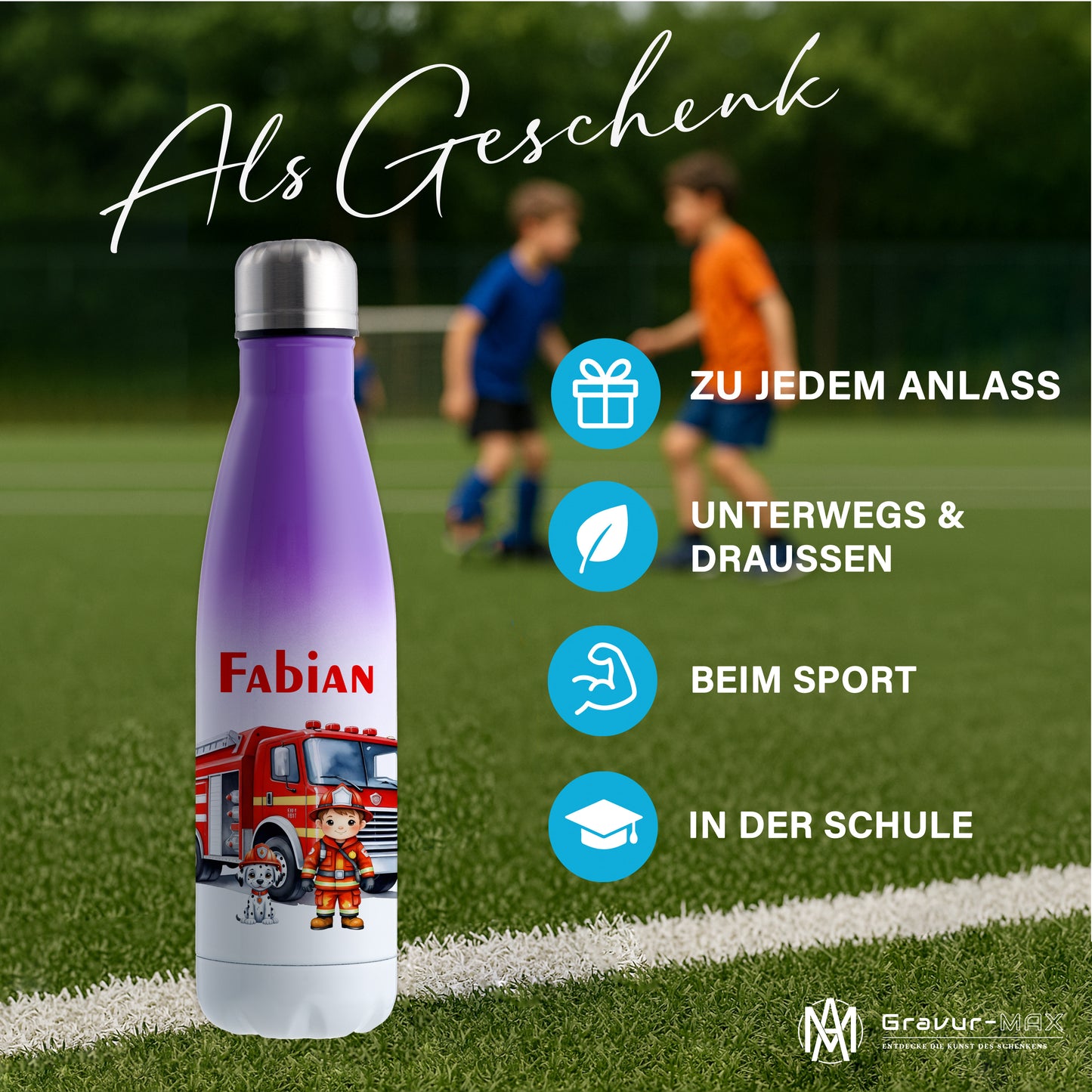 Thermoflasche 500ml in Weiß/Violett bedruckt mit tollen Motiven für Kinder "Feuerwehr" personalisierbar mit Wunschname