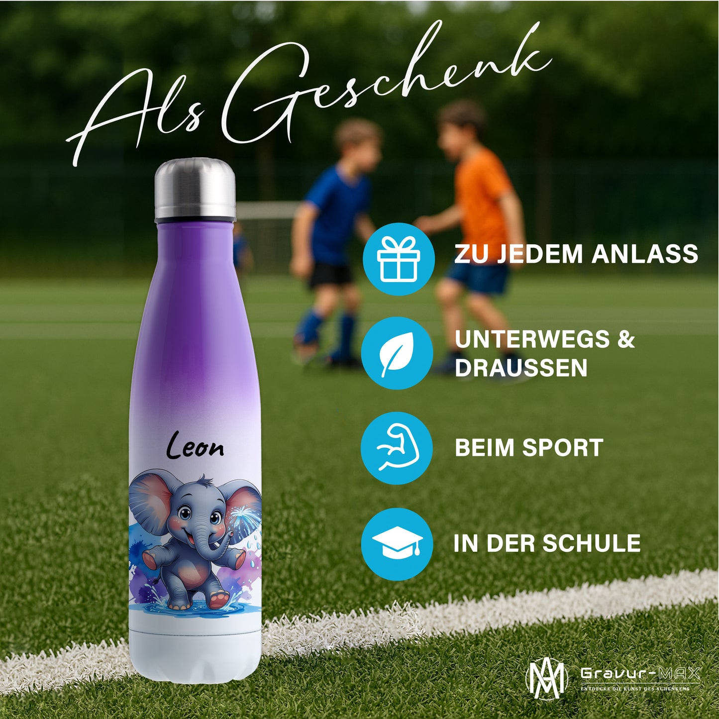Trinkflasche in Weiß/Violett 500ml aus Edelstahl bedruckt mit niedlichen Tieren "Elefant" personalisierbar für Kinder mit Wunschname