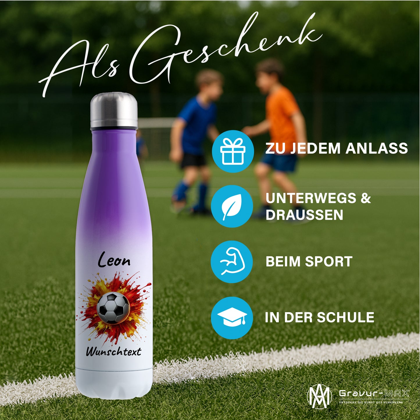 Thermoflasche 500ml in Weiß/Violett aus Edelstahl bedruckt "Fußball" Motiv9 personalisierbar mit Wunschname & Text