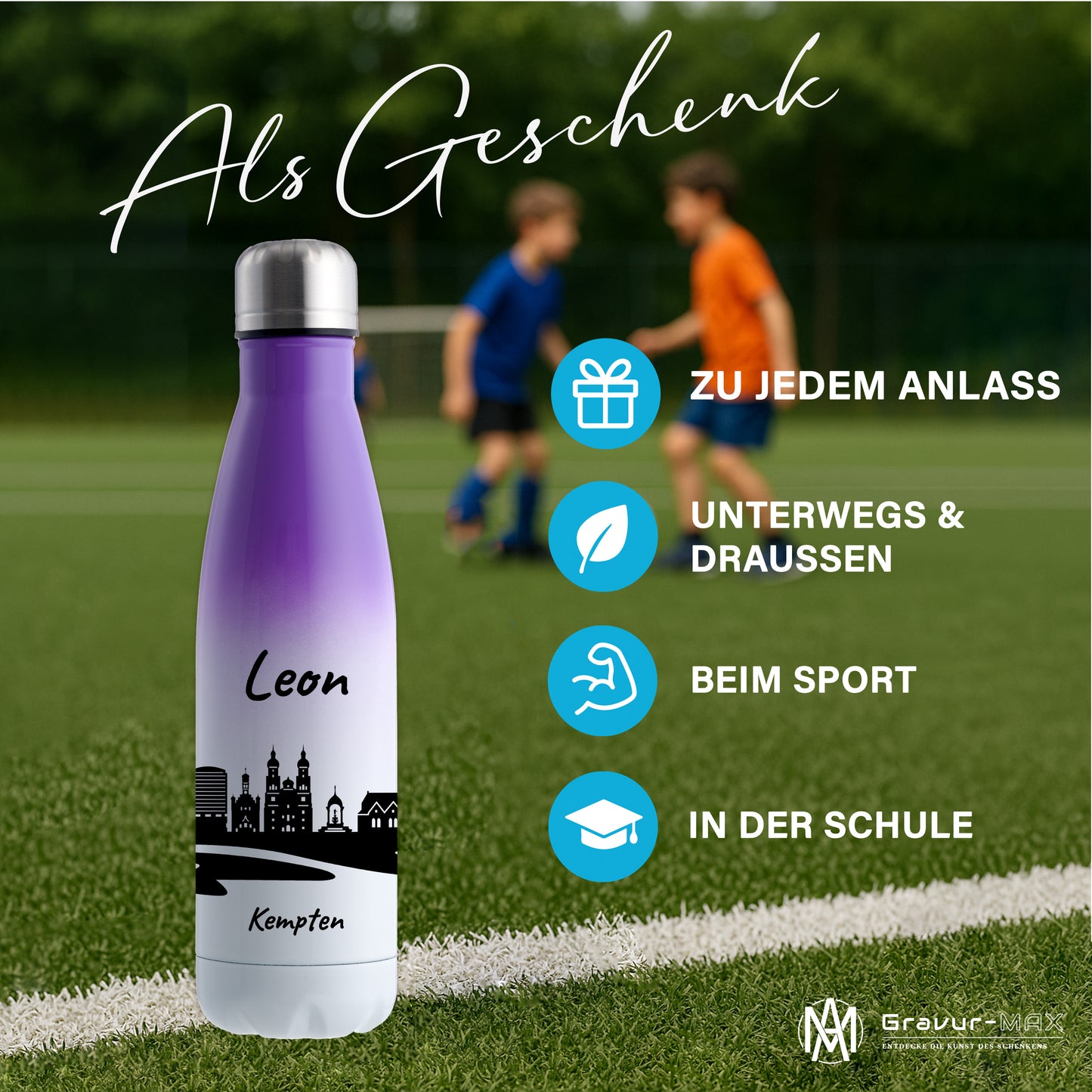Trinkflasche in Weiß/Violett 500ml aus Edelstahl bedruckt mit der Skyline von Kempten personalisierbar mit Wunschname