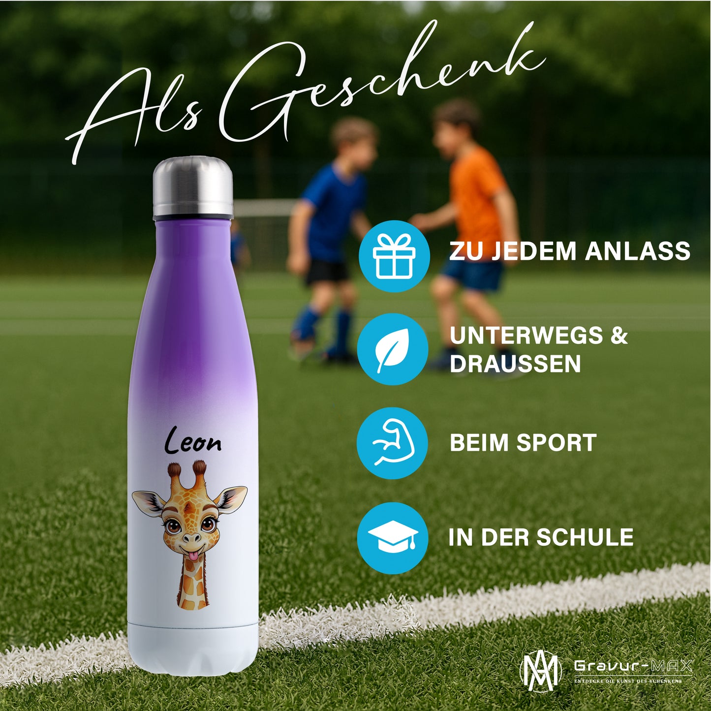 Trinkflasche in Weiß/Violett 500ml aus Edelstahl bedruckt mit niedlichen Tieren "Giraffe" personalisierbar für Kinder mit Wunschname