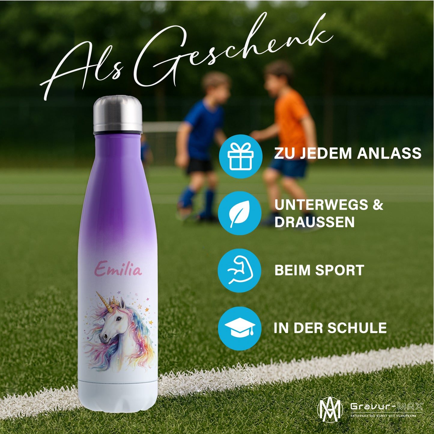 Thermoflasche 500ml in Weiß/Violett bedruckt mit tollen Motiven für Kinder "Einhorn" personalisierbar mit Wunschname