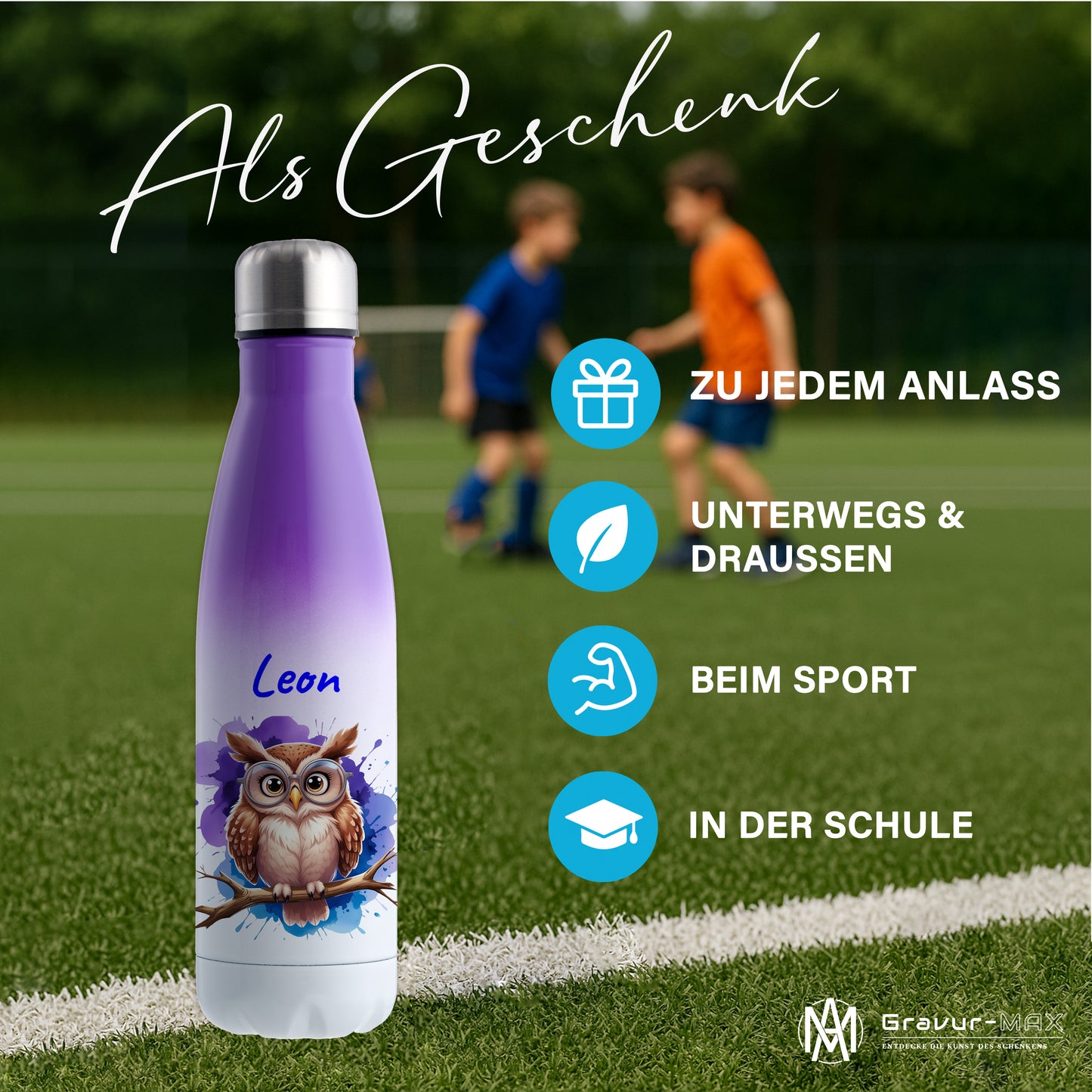Trinkflasche in Weiß/Violett 500ml aus Edelstahl bedruckt mit niedlichen Tieren "Eule" personalisierbar für Kinder mit Wunschname