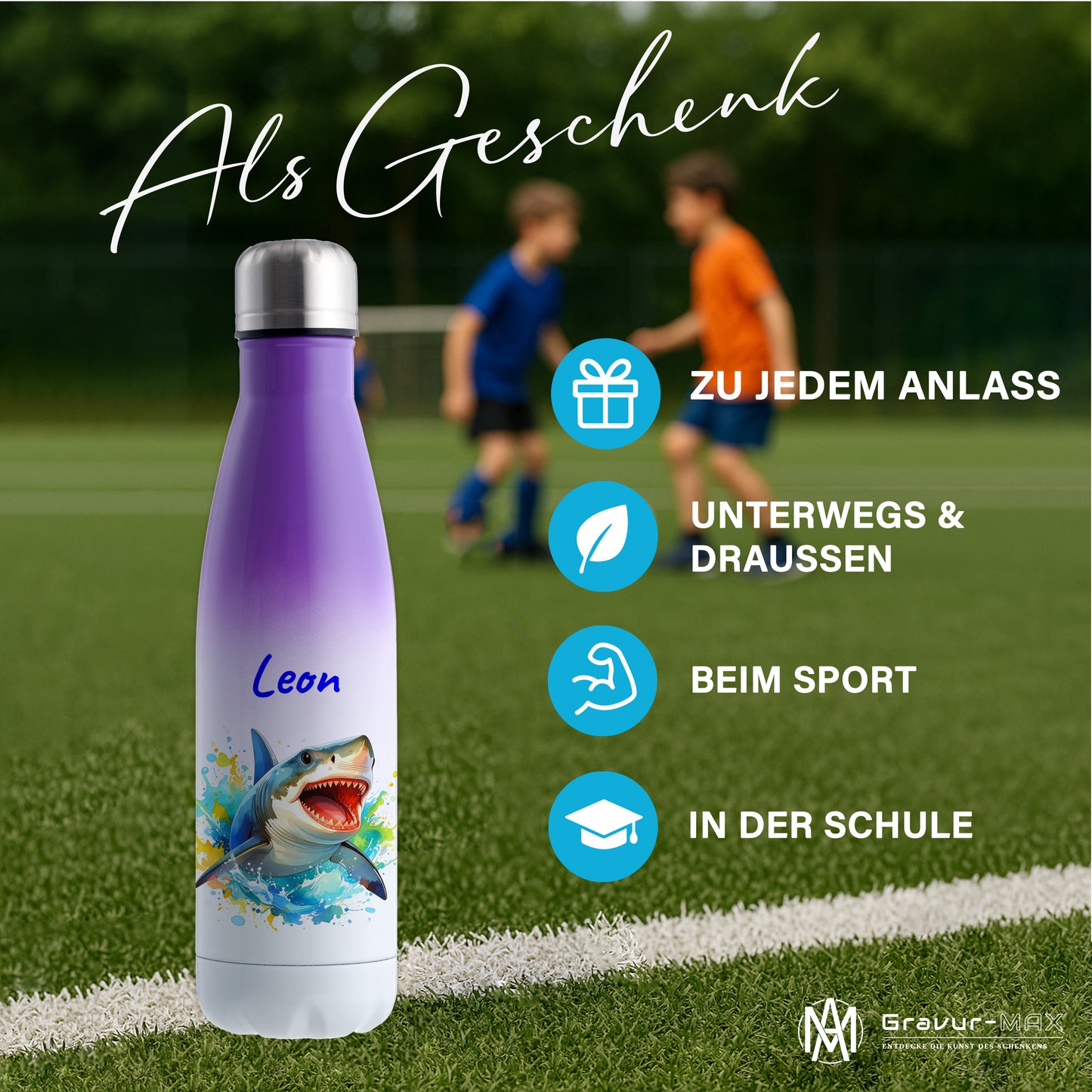 Thermoflasche 500ml in Weiß/Violett bedruckt mit tollen Motiven für Kinder "Hai" personalisierbar mit Wunschname