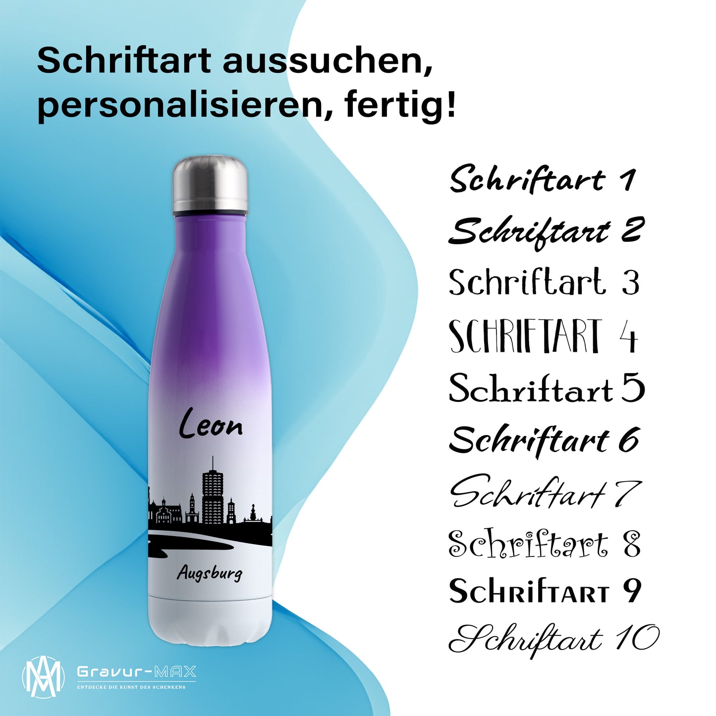Trinkflasche in Weiß/Violett 500ml aus Edelstahl bedruckt mit der Skyline von Augsburg personalisierbar mit Wunschname