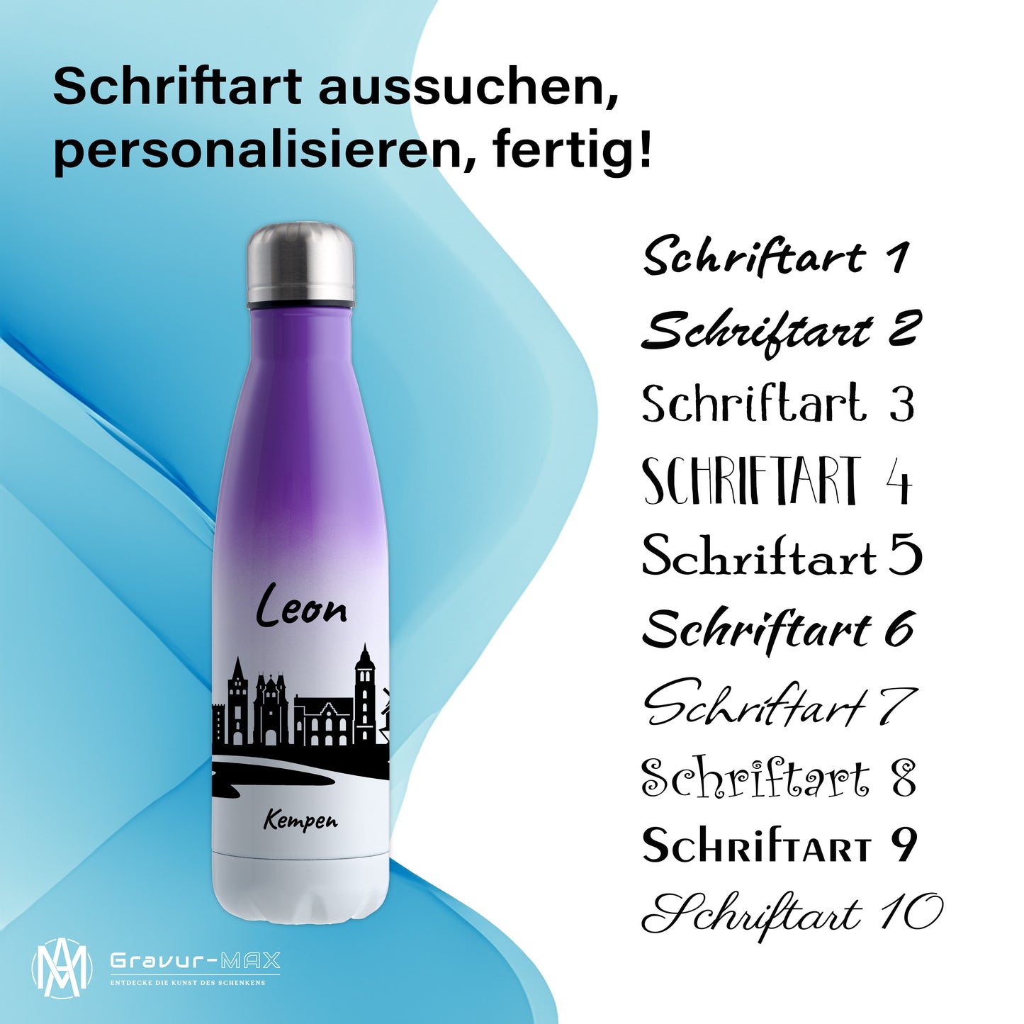 Trinkflasche in Weiß/Violett 500ml aus Edelstahl bedruckt mit der Skyline von Kempen personalisierbar mit Wunschname