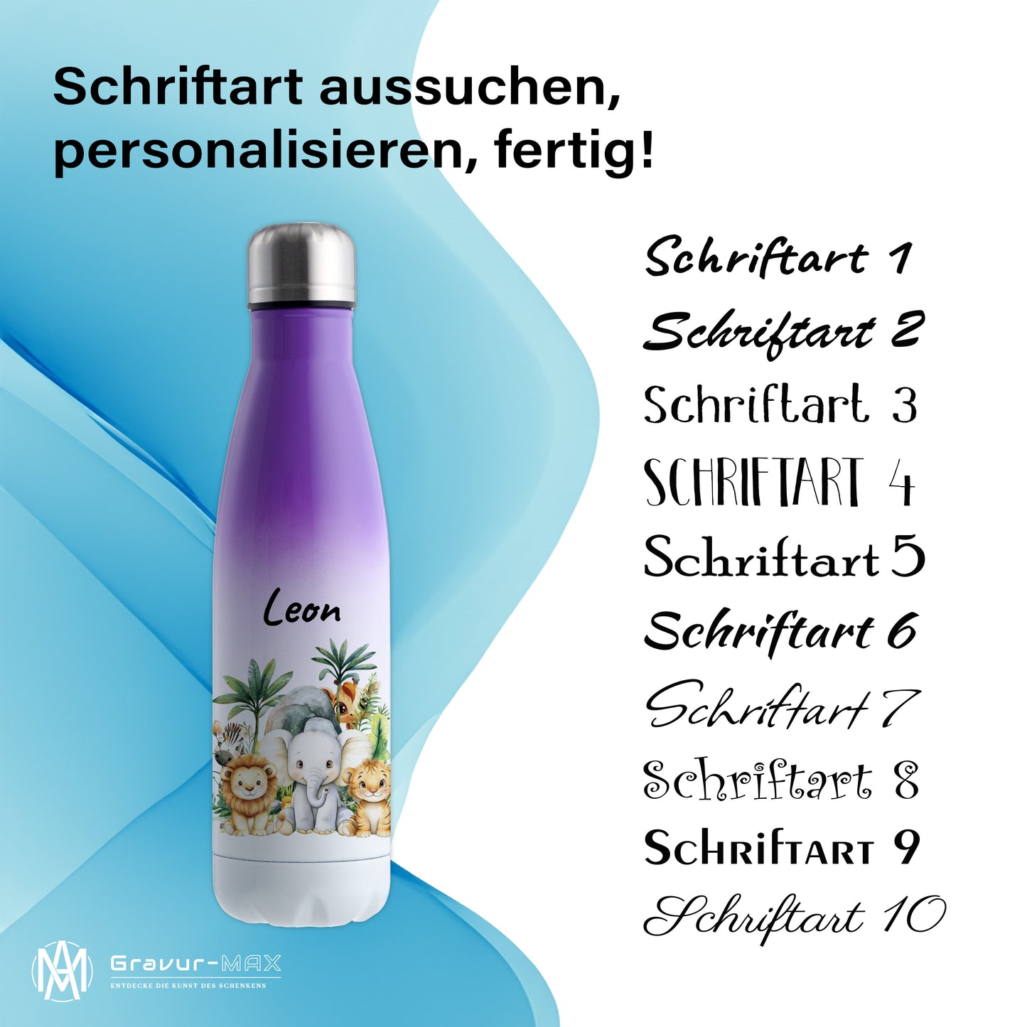 Trinkflasche mit Farbverlauf in Weiß/Violett 500ml aus Edelstahl bedruckt mit Dschungel Tieren"Dschungel Tiere" personalisierbar für Kinder mit Wunschname