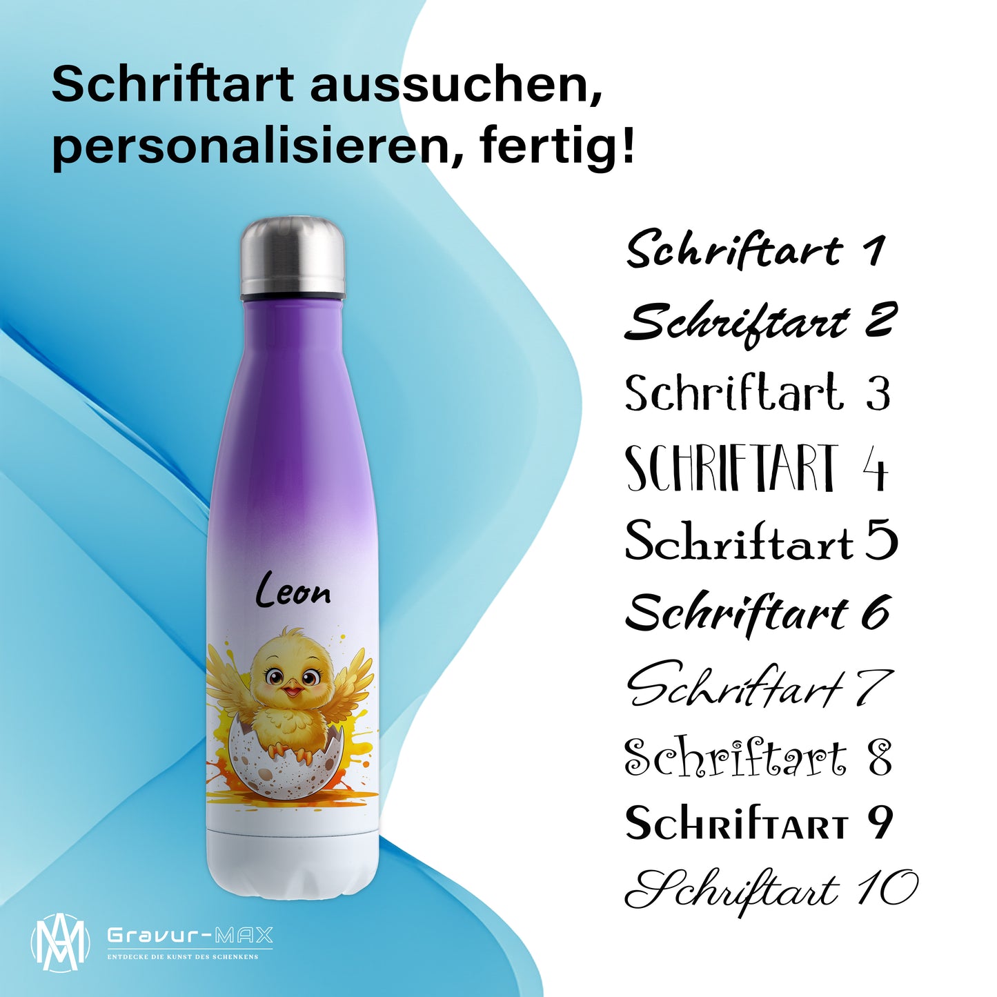 Trinkflasche in Weiß/Violett 500ml aus Edelstahl bedruckt mit niedlichen Tieren "Küken" personalisierbar für Kinder mit Wunschname