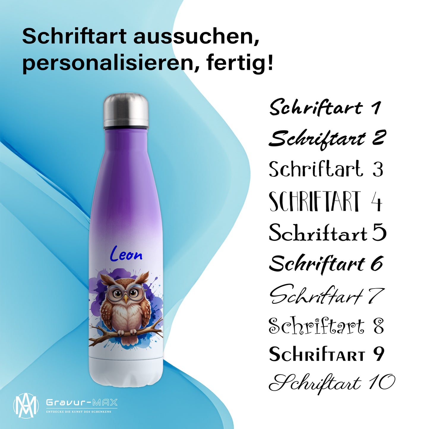 Trinkflasche in Weiß/Violett 500ml aus Edelstahl bedruckt mit niedlichen Tieren "Eule" personalisierbar für Kinder mit Wunschname