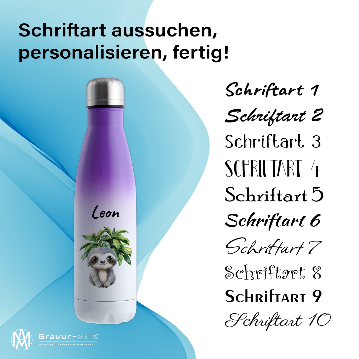 Trinkflasche mit Farbverlauf in Weiß/Violett 500ml aus Edelstahl bedruckt mit Dschungel Tieren"Faultier" personalisierbar für Kinder mit Wunschname