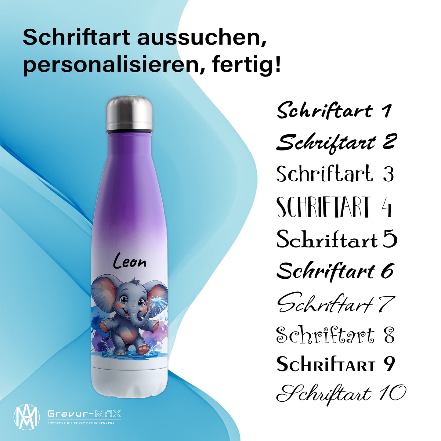 Trinkflasche in Weiß/Violett 500ml aus Edelstahl bedruckt mit niedlichen Tieren "Elefant" personalisierbar für Kinder mit Wunschname