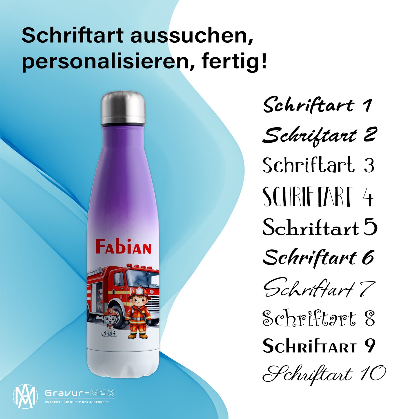 Thermoflasche 500ml in Weiß/Violett bedruckt mit tollen Motiven für Kinder "Feuerwehr" personalisierbar mit Wunschname