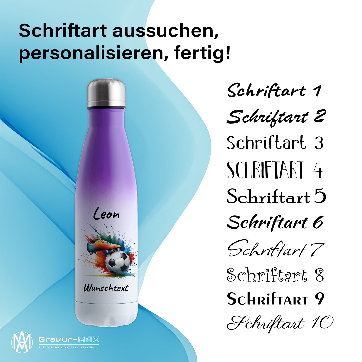 Thermoflasche 500ml in Weiß/Violett aus Edelstahl bedruckt "Fußball" Motiv6 personalisierbar mit Wunschname & Text