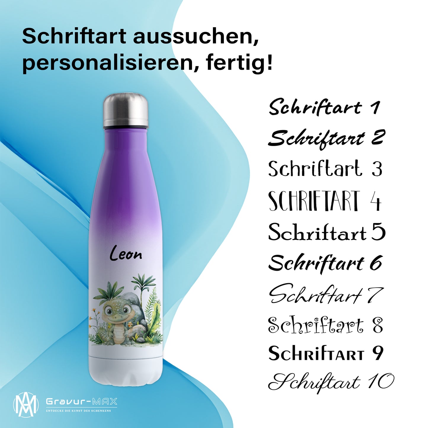 Trinkflasche mit Farbverlauf in Weiß/Violett 500ml aus Edelstahl bedruckt mit Dschungel Tieren"Krokodil" personalisierbar für Kinder mit Wunschname