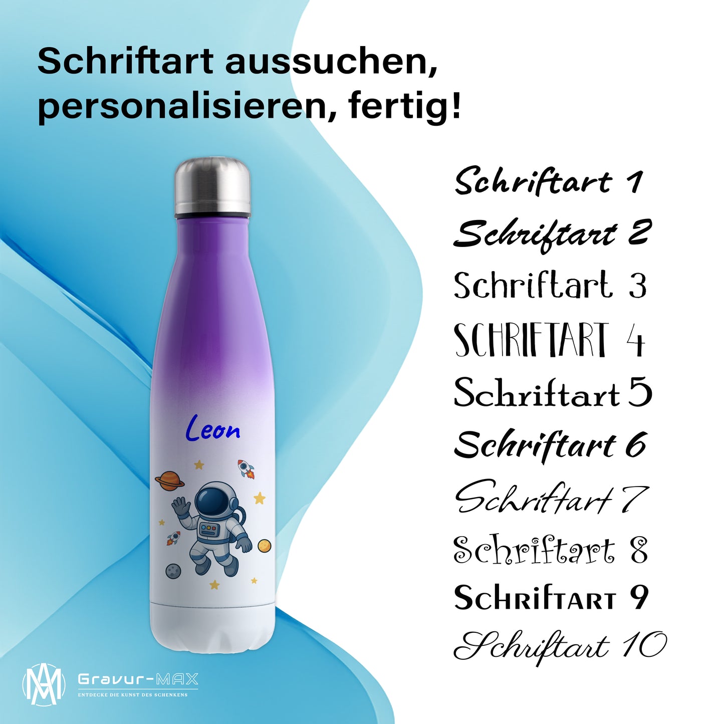 Thermoflasche 500ml in Weiß/Violett bedruckt mit tollen Motiven für Kinder "Astronaut" personalisierbar mit Wunschname