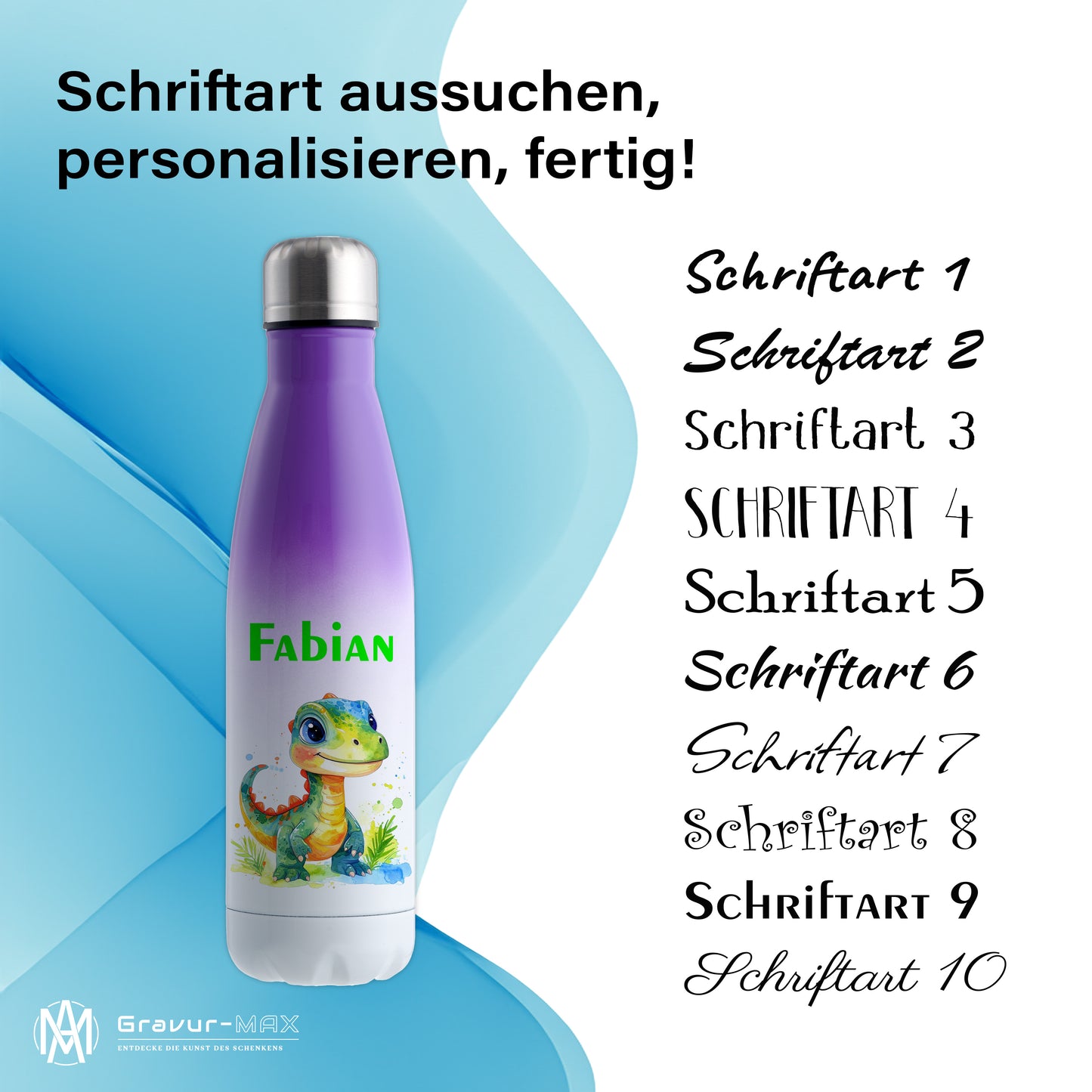 Thermoflasche 500ml in Weiß/Violett bedruckt mit tollen Motiven für Kinder "Dino Kinder" personalisierbar mit Wunschname