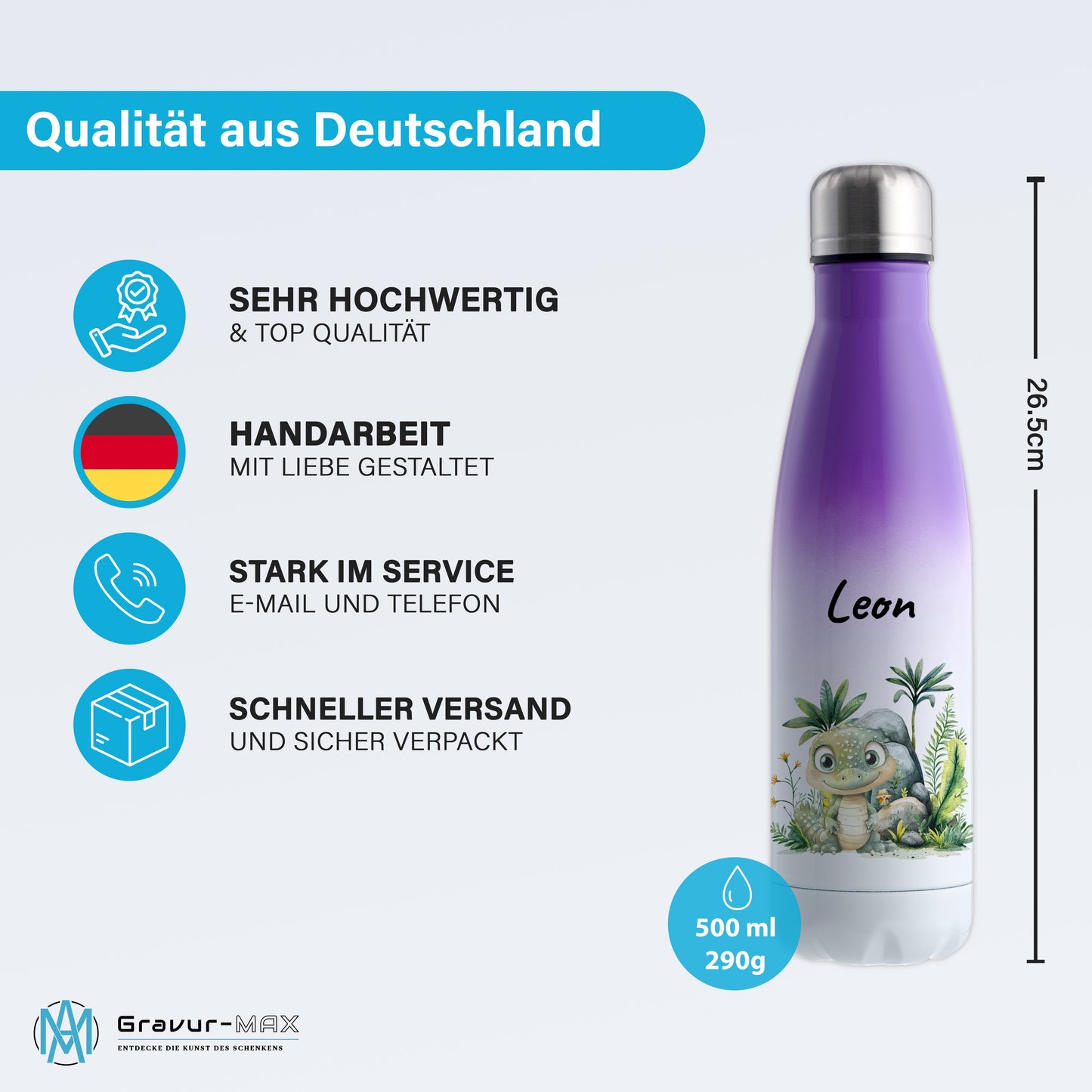 Trinkflasche mit Farbverlauf in Weiß/Violett 500ml aus Edelstahl bedruckt mit Dschungel Tieren"Krokodil" personalisierbar für Kinder mit Wunschname