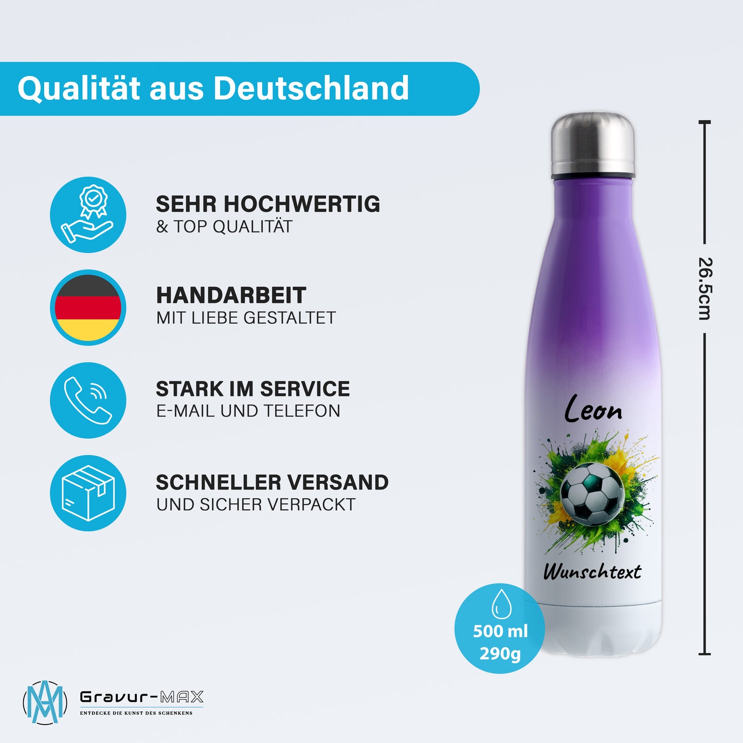 Thermoflasche 500ml in Weiß/Violett aus Edelstahl bedruckt "Fußball" Motiv11 personalisierbar mit Wunschname & Text