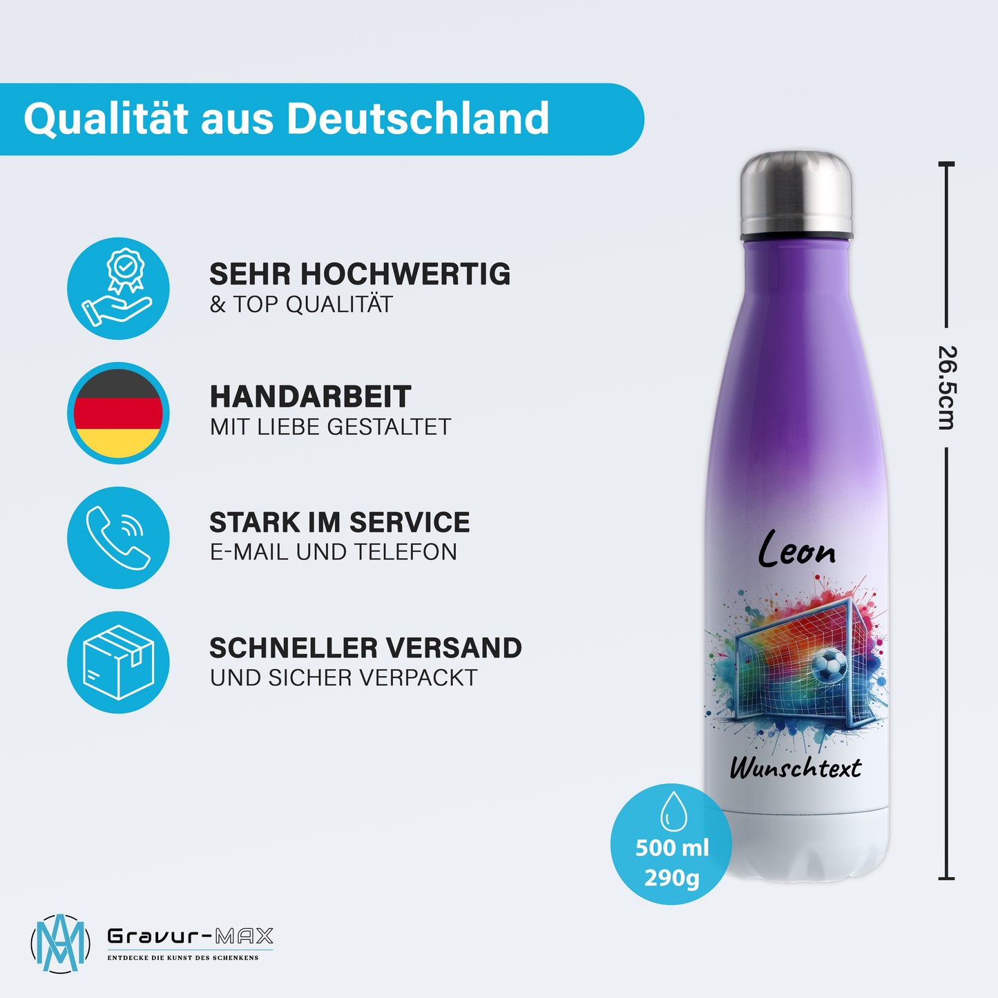 Thermoflasche 500ml in Weiß/Violett aus Edelstahl bedruckt "Fußball" Motiv5 personalisierbar mit Wunschname & Text