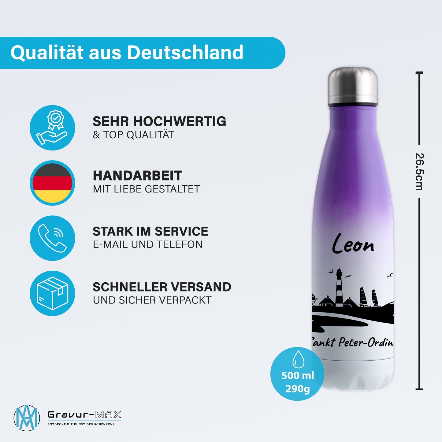 Trinkflasche in Weiß/Violett 500ml aus Edelstahl bedruckt mit der Skyline von Sankt Peter-Ording personalisierbar mit Wunschname