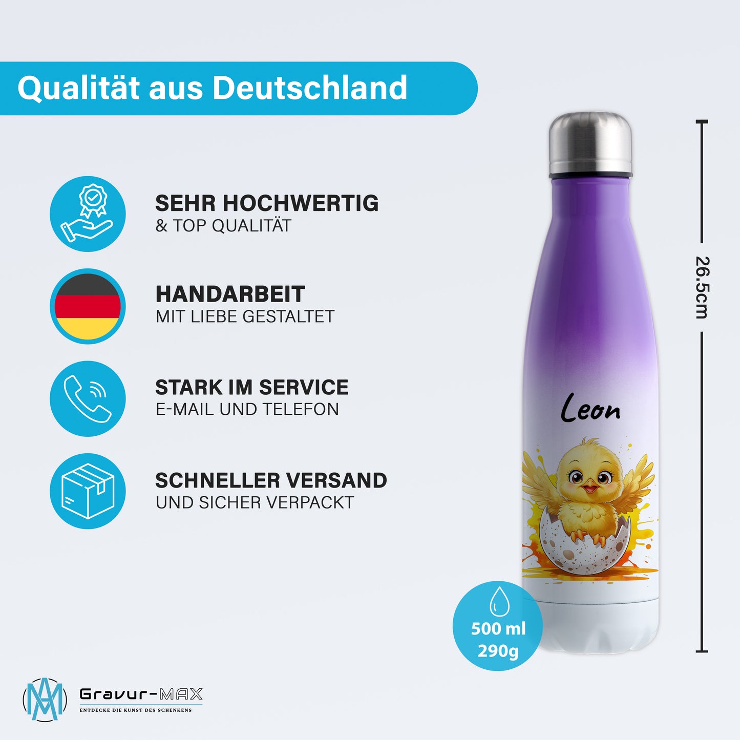 Trinkflasche in Weiß/Violett 500ml aus Edelstahl bedruckt mit niedlichen Tieren "Küken" personalisierbar für Kinder mit Wunschname