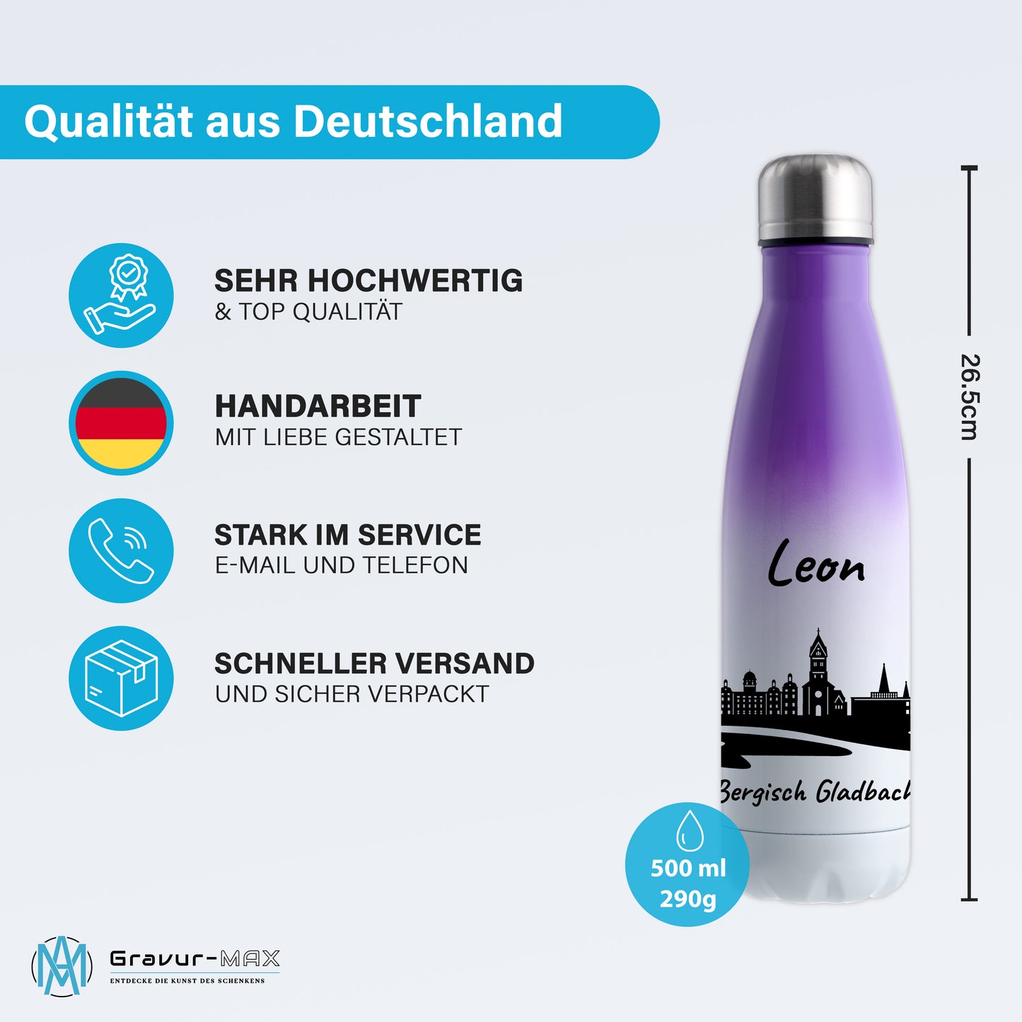 Trinkflasche in Weiß/Violett 500ml aus Edelstahl bedruckt mit der Skyline von Bergisch Gladbach personalisierbar mit Wunschname