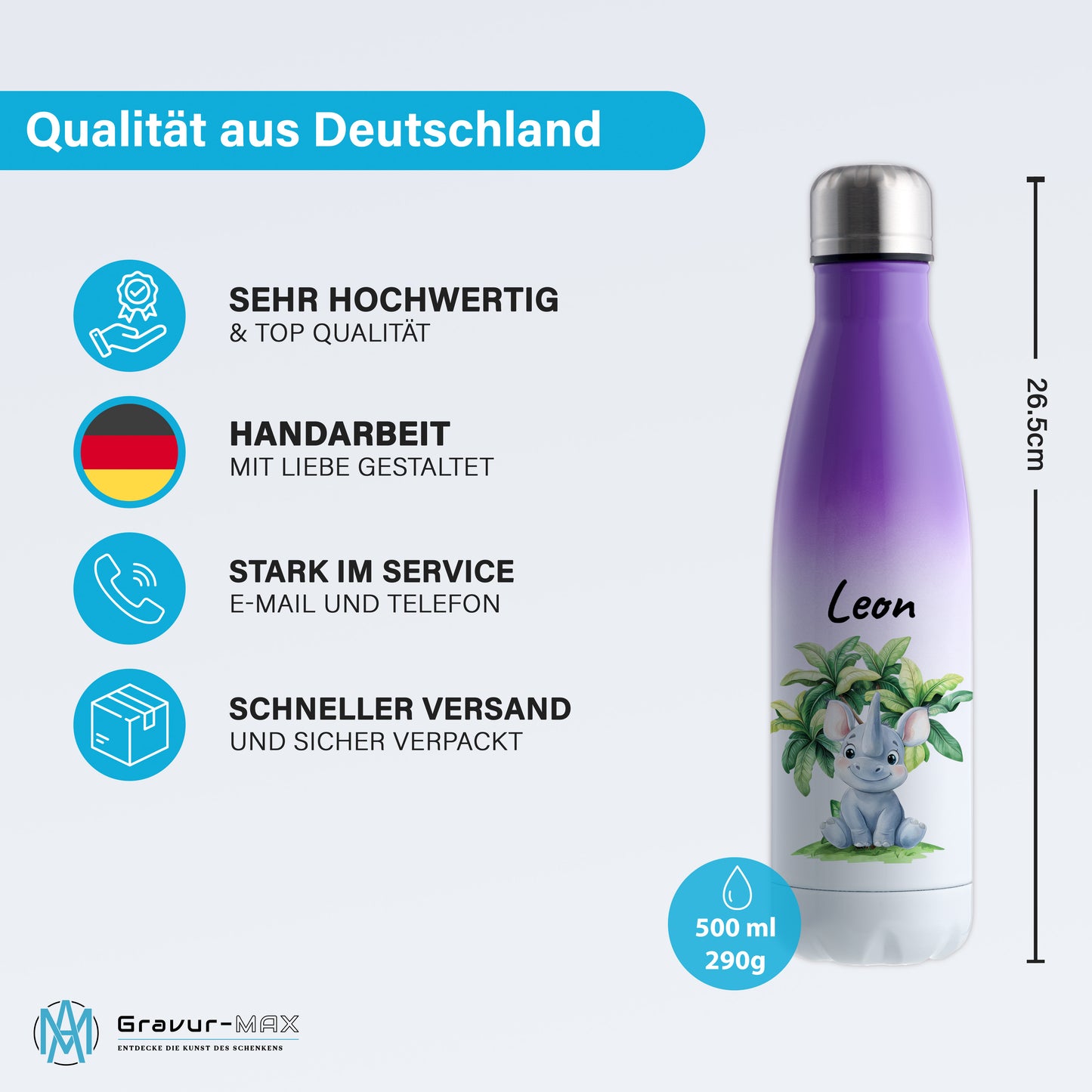 Trinkflasche mit Farbverlauf in Weiß/Violett 500ml aus Edelstahl bedruckt mit Dschungel Tieren"Nashorn" personalisierbar für Kinder mit Wunschname