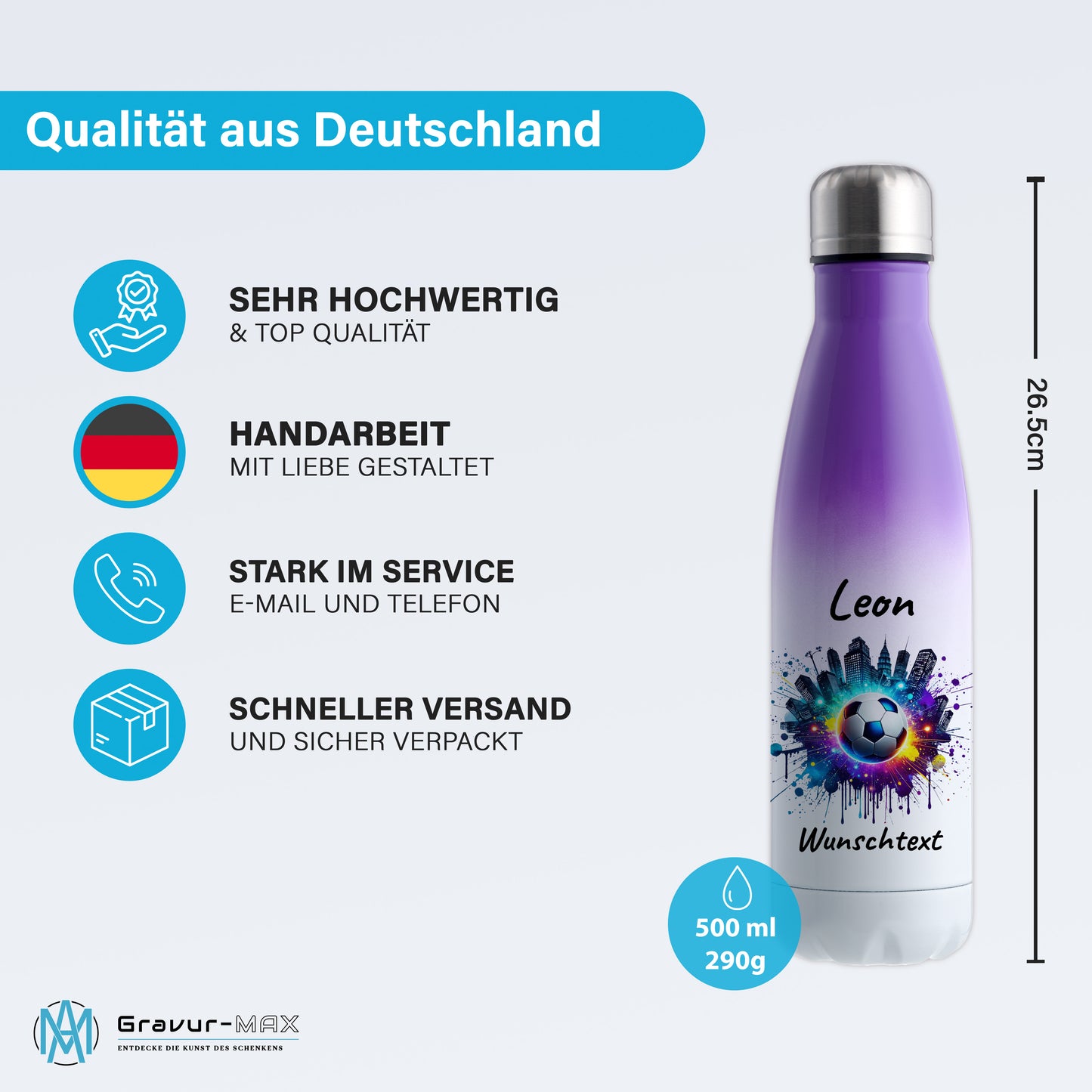 Thermoflasche 500ml in Weiß/Violett aus Edelstahl bedruckt "Fußball" Motiv7 personalisierbar mit Wunschname & Text