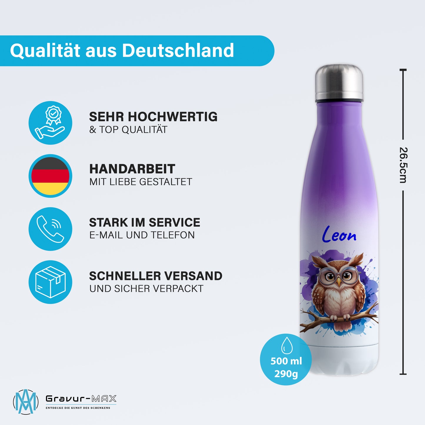 Trinkflasche in Weiß/Violett 500ml aus Edelstahl bedruckt mit niedlichen Tieren "Eule" personalisierbar für Kinder mit Wunschname