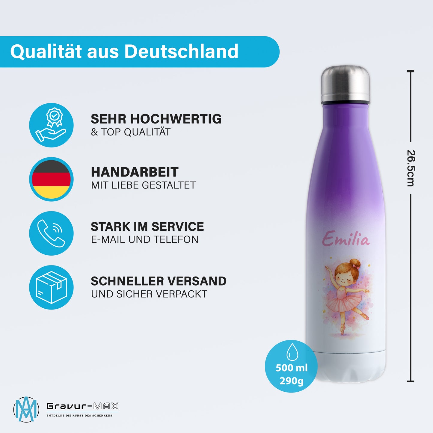 Thermoflasche 500ml in Weiß/Violett bedruckt mit tollen Motiven für Kinder "Ballerina" personalisierbar mit Wunschname