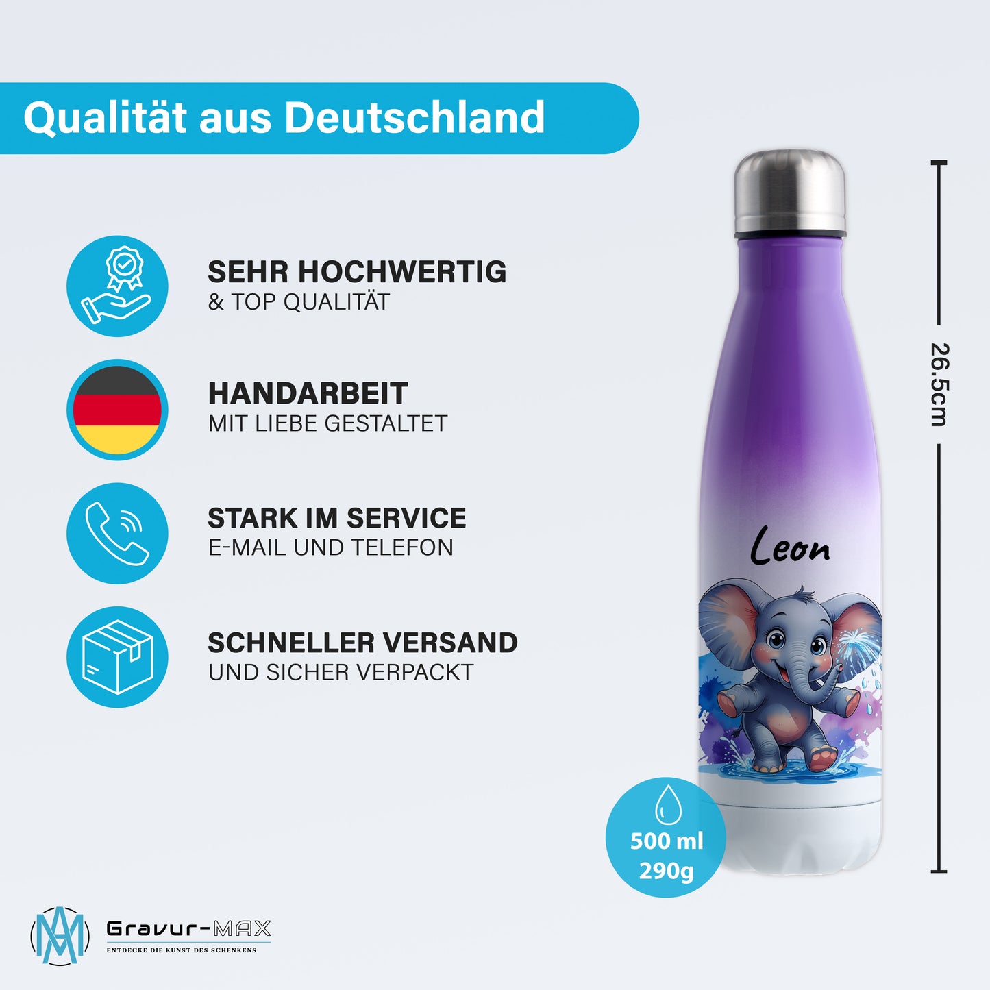 Trinkflasche in Weiß/Violett 500ml aus Edelstahl bedruckt mit niedlichen Tieren "Elefant" personalisierbar für Kinder mit Wunschname