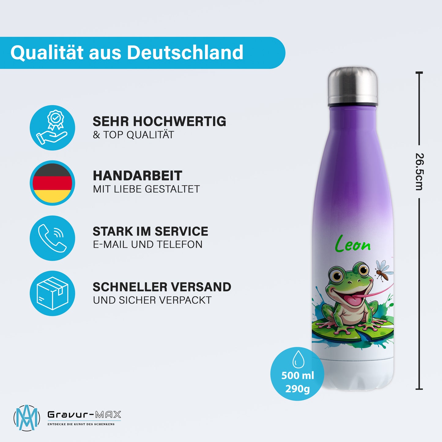 Trinkflasche in Weiß/Violett 500ml aus Edelstahl bedruckt mit niedlichen Tieren "Frosch" personalisierbar für Kinder mit Wunschname