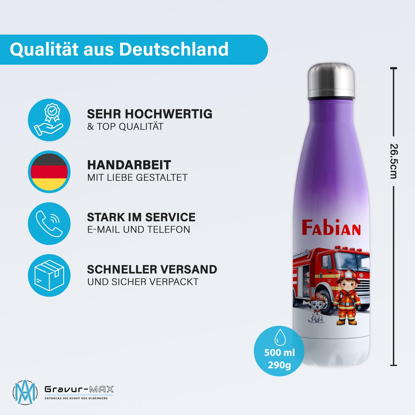 Thermoflasche 500ml in Weiß/Violett bedruckt mit tollen Motiven für Kinder "Feuerwehr" personalisierbar mit Wunschname