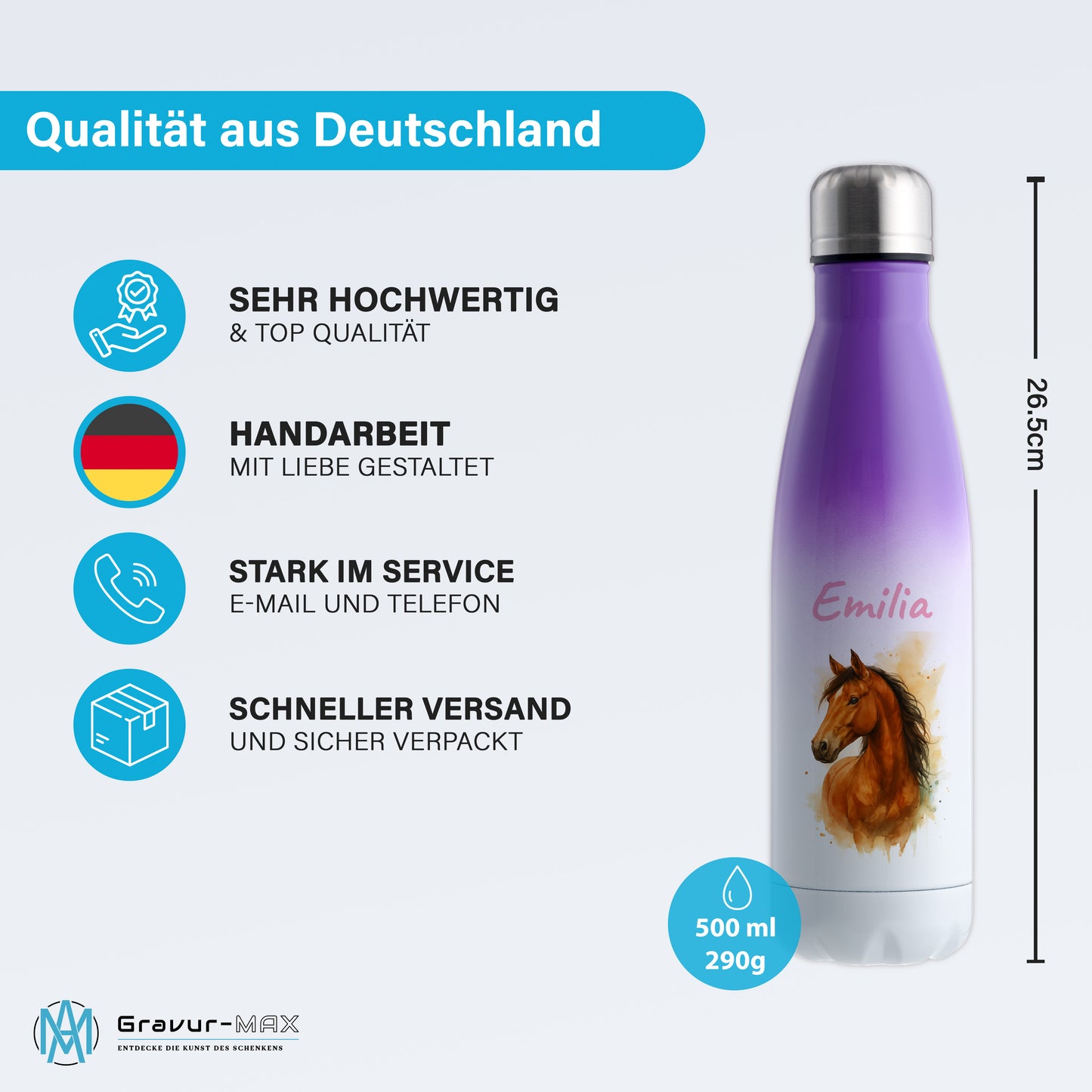 Thermoflasche 500ml in Weiß/Violett bedruckt mit tollen Motiven für Kinder "Pferd" personalisierbar mit Wunschname