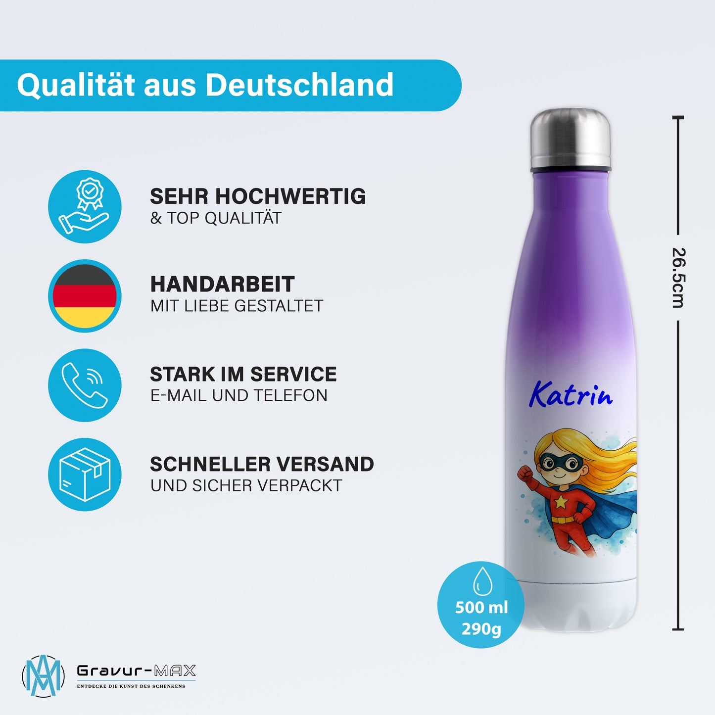Thermoflasche 500ml in Weiß/Violett bedruckt mit tollen Motiven für Kinder "Superheldin" personalisierbar mit Wunschname