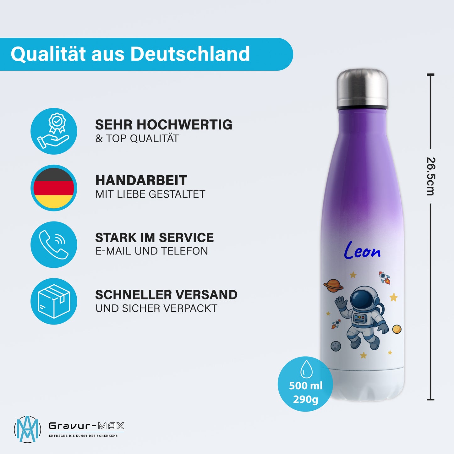 Thermoflasche 500ml in Weiß/Violett bedruckt mit tollen Motiven für Kinder "Astronaut" personalisierbar mit Wunschname