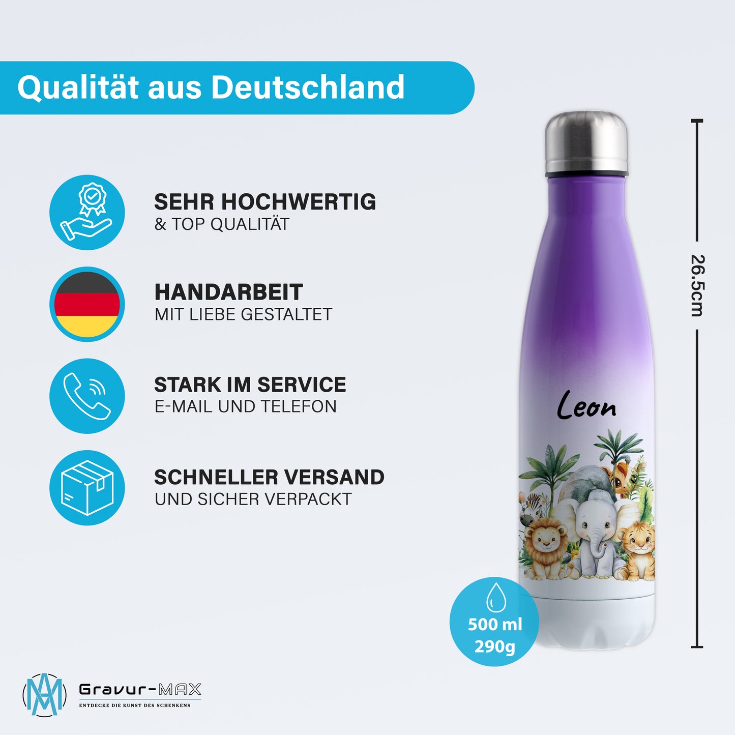 Trinkflasche mit Farbverlauf in Weiß/Violett 500ml aus Edelstahl bedruckt mit Dschungel Tieren"Dschungel Tiere" personalisierbar für Kinder mit Wunschname