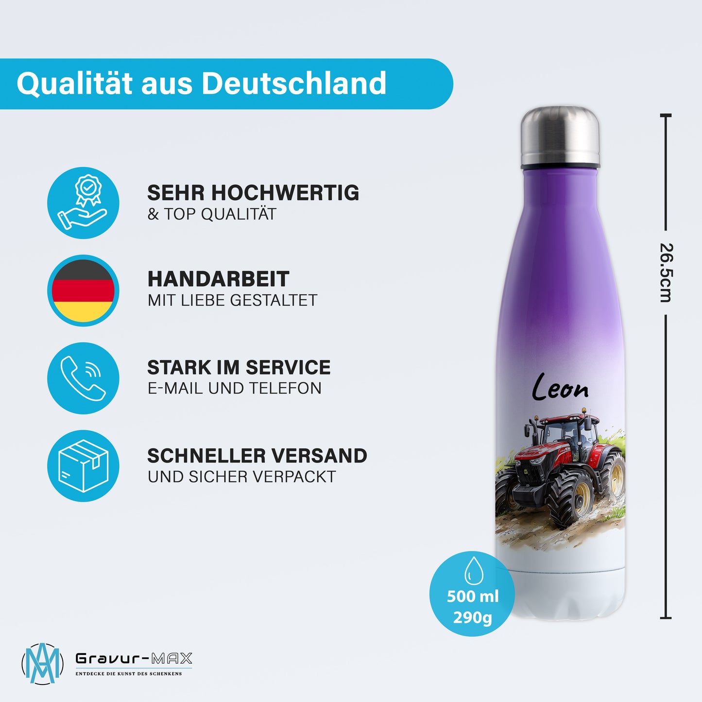 Thermoflasche 500ml in Weiß/Violett bedruckt mit tollen Motiven für Kinder "Traktor" personalisierbar mit Wunschname