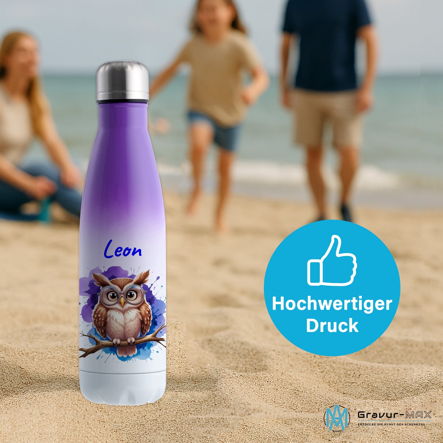 Trinkflasche in Weiß/Violett 500ml aus Edelstahl bedruckt mit niedlichen Tieren "Eule" personalisierbar für Kinder mit Wunschname