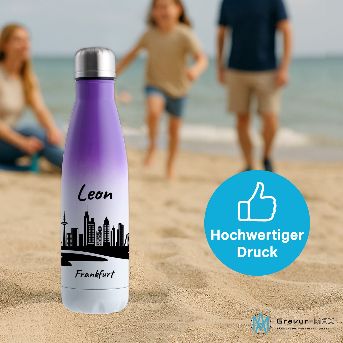 Trinkflasche in Weiß/Violett 500ml aus Edelstahl bedruckt mit der Skyline von Frankfurt personalisierbar mit Wunschname