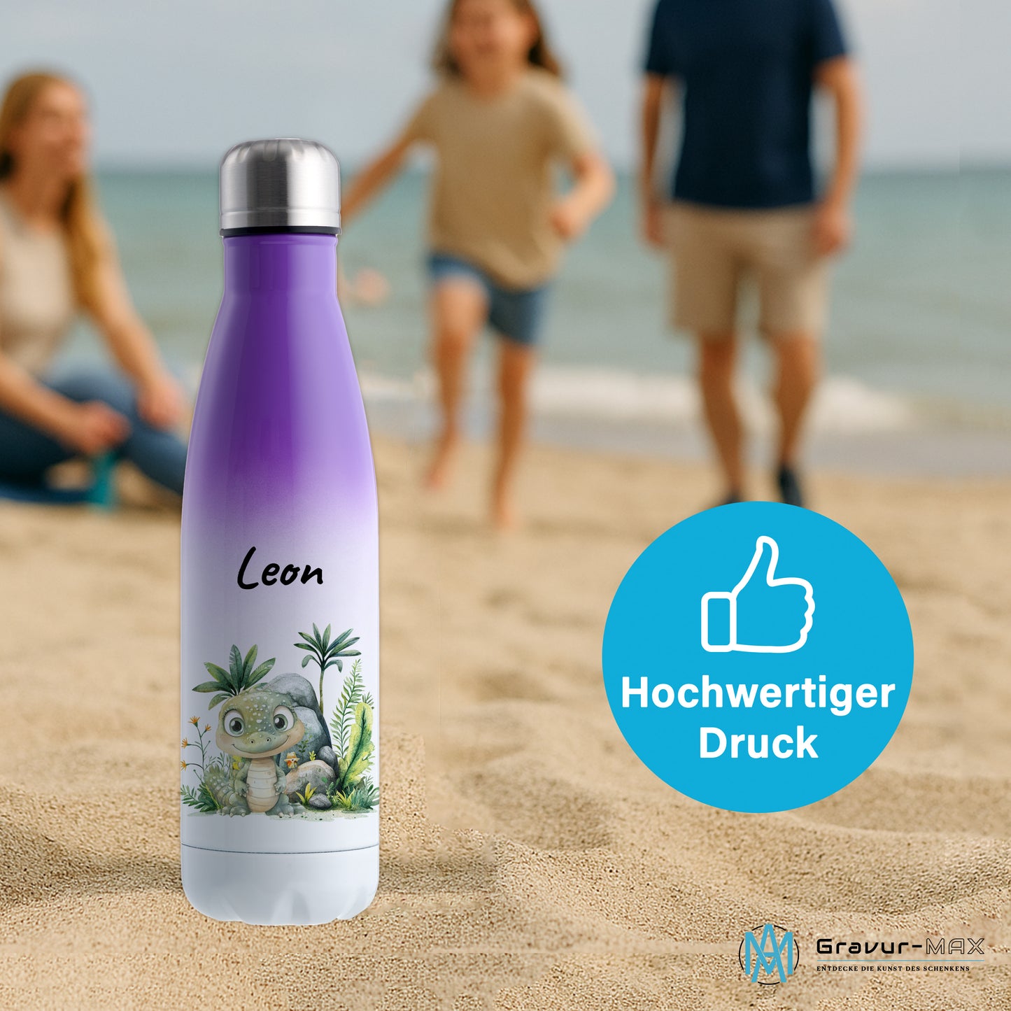 Trinkflasche mit Farbverlauf in Weiß/Violett 500ml aus Edelstahl bedruckt mit Dschungel Tieren"Krokodil" personalisierbar für Kinder mit Wunschname