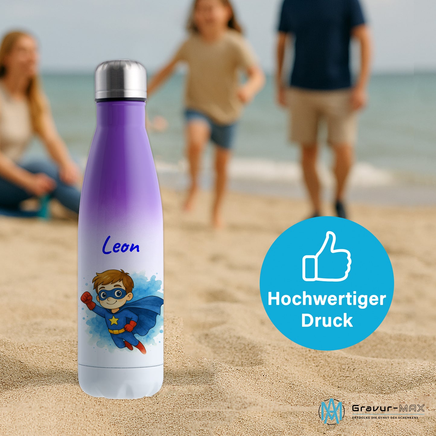 Thermoflasche 500ml in Weiß/Violett bedruckt mit tollen Motiven für Kinder "Superheld" personalisierbar mit Wunschname
