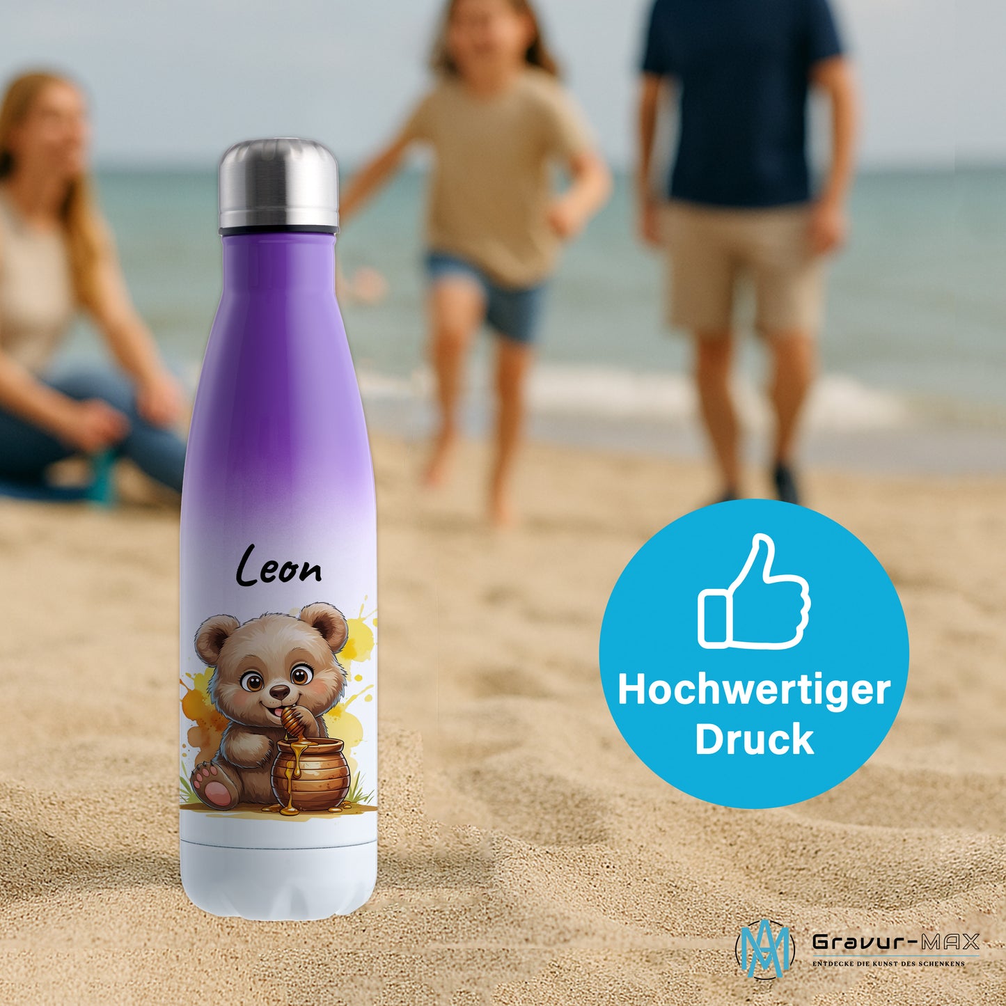 Trinkflasche in Weiß/Violett 500ml aus Edelstahl bedruckt mit niedlichen Tieren "Bär" personalisierbar für Kinder mit Wunschname