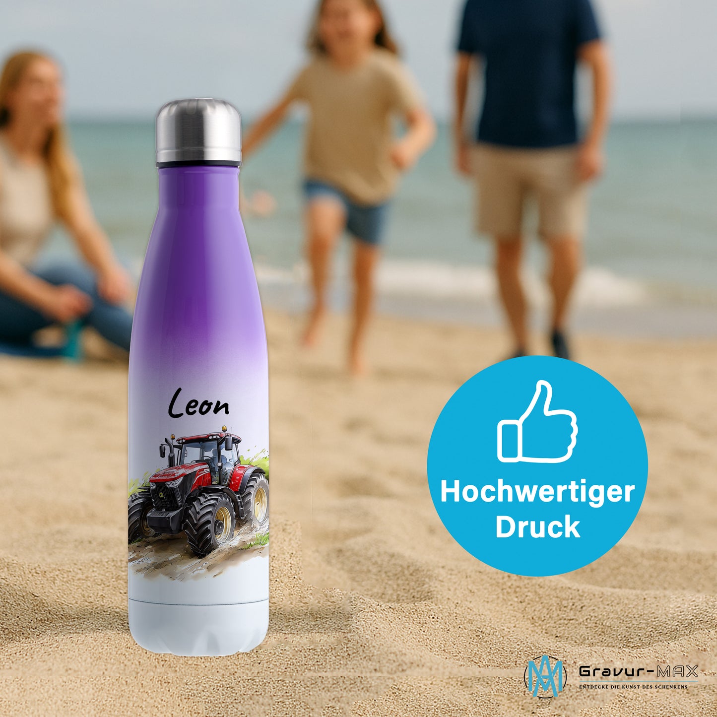 Thermoflasche 500ml in Weiß/Violett bedruckt mit tollen Motiven für Kinder "Traktor" personalisierbar mit Wunschname