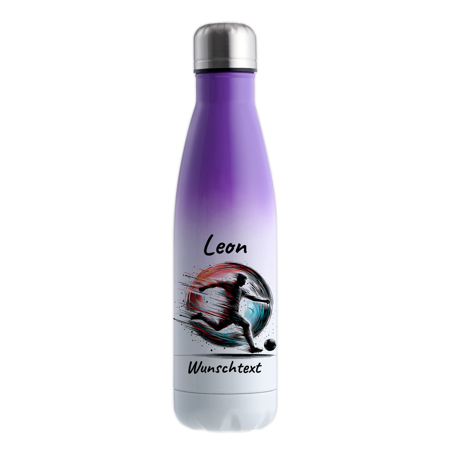 Thermoflasche 500ml in Weiß/Violett aus Edelstahl bedruckt "Fußball" Motiv3 personalisierbar mit Wunschname & Text